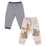 Boys Cotton Pack Of 2 Striped & Animal Printed Knit Bottoms - Grey & White