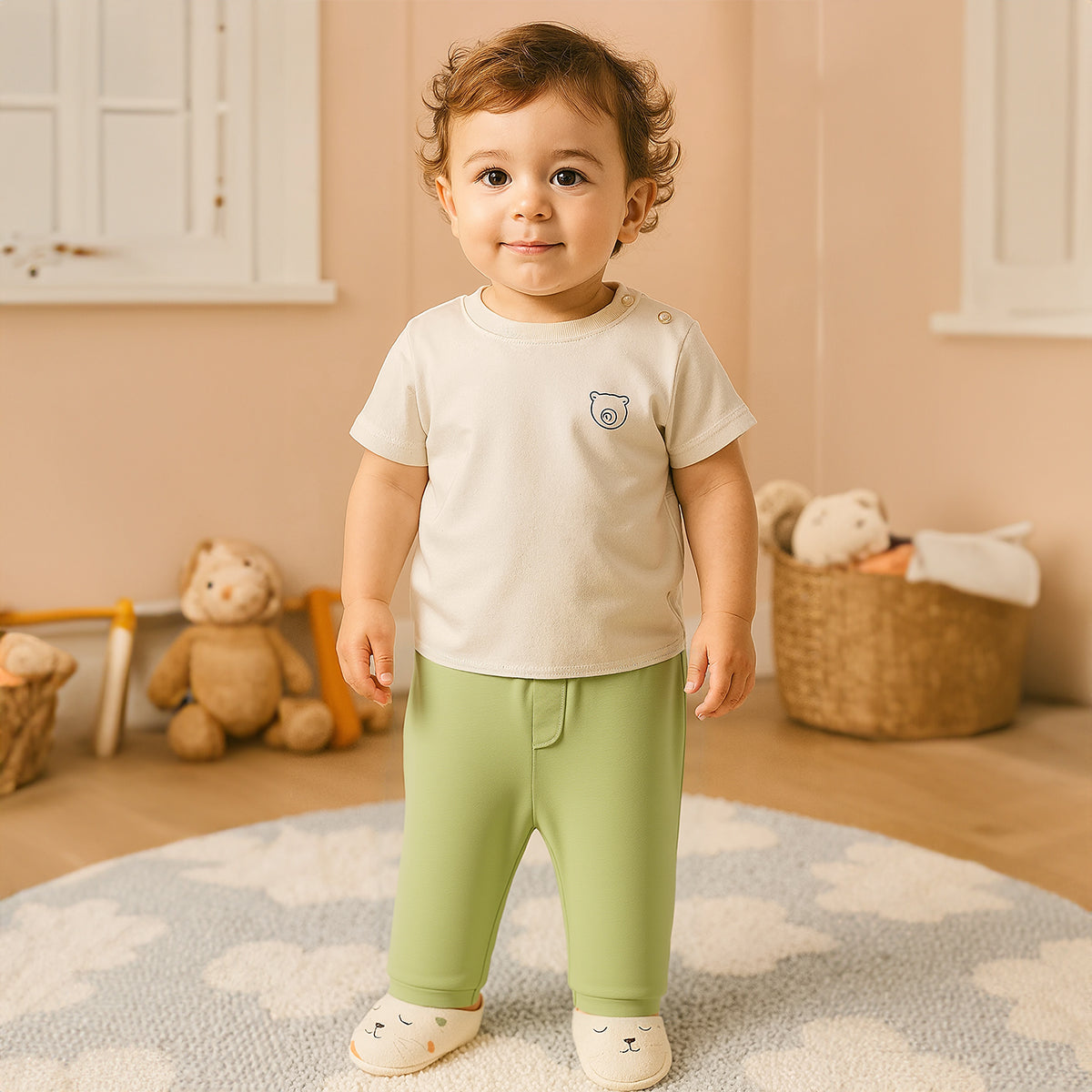 Boys Cotton Pack Of 2 Animal Printed & Solid Knit Bottoms - Olive & Rust