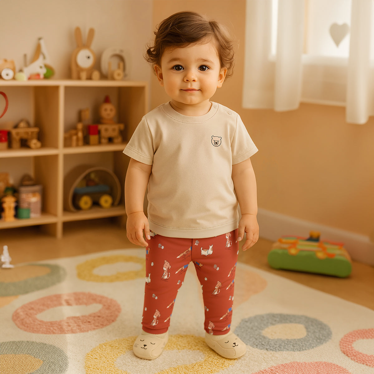 Boys Cotton Pack Of 2 Animal Printed & Solid Knit Bottoms - Olive & Rust