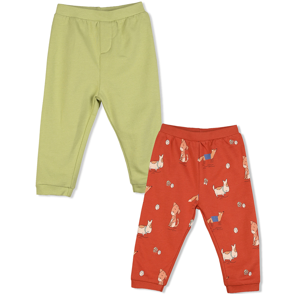 Boys Cotton Pack Of 2 Animal Printed & Solid Knit Bottoms - Olive & Rust