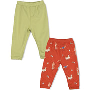 Boys Cotton Pack Of 2 Animal Printed & Solid Knit Bottoms - Olive & Rust