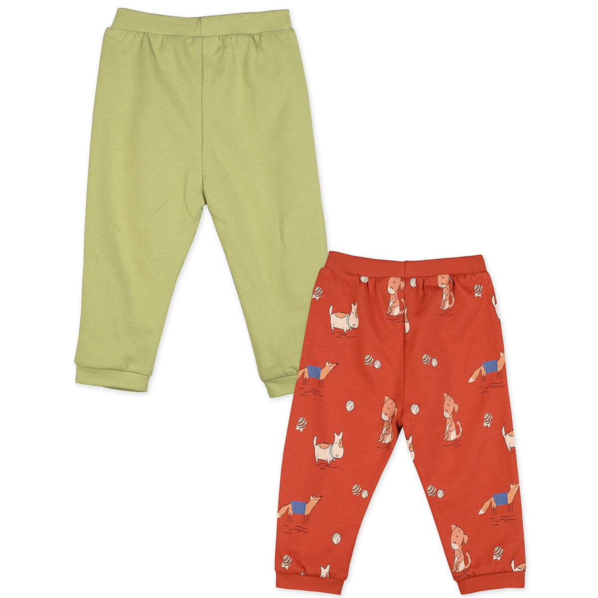 Boys Cotton Pack Of 2 Animal Printed & Solid Knit Bottoms - Olive & Rust