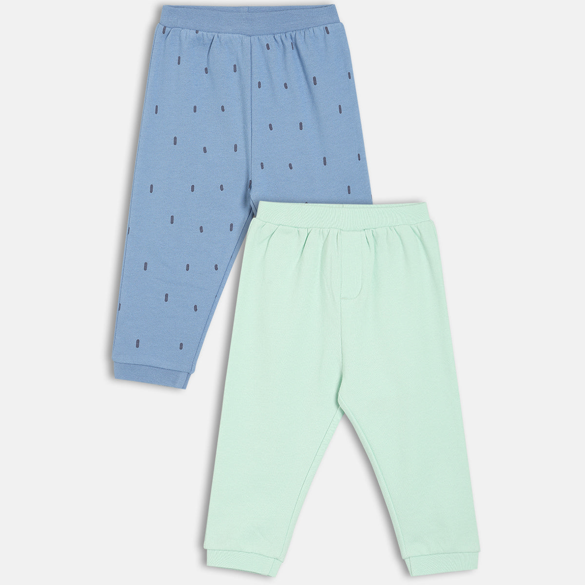 Boys Cotton Pack Of 2 Geometric Printed & Solid Knit Bottoms - Mint Green & Blue