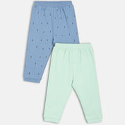 Boys Cotton Pack Of 2 Geometric Printed & Solid Knit Bottoms - Mint Green & Blue
