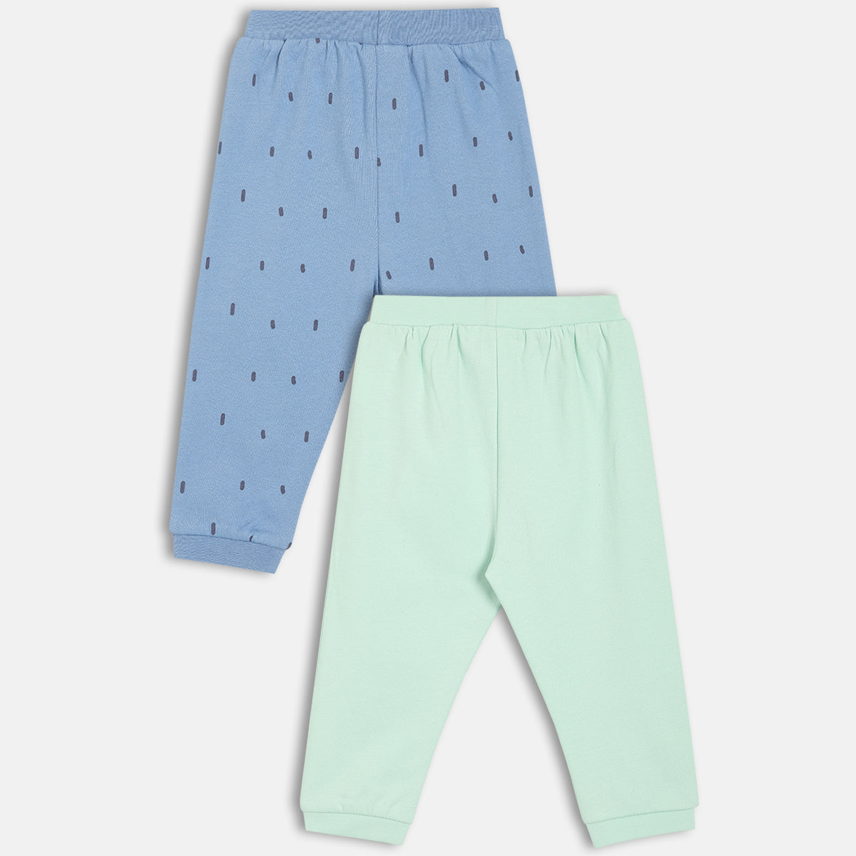 Boys Cotton Pack Of 2 Geometric Printed & Solid Knit Bottoms - Mint Green & Blue