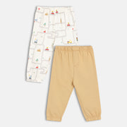 Boys Cotton Pack Of 2 Car Printed & Solid Knit Bottoms - White & Brown