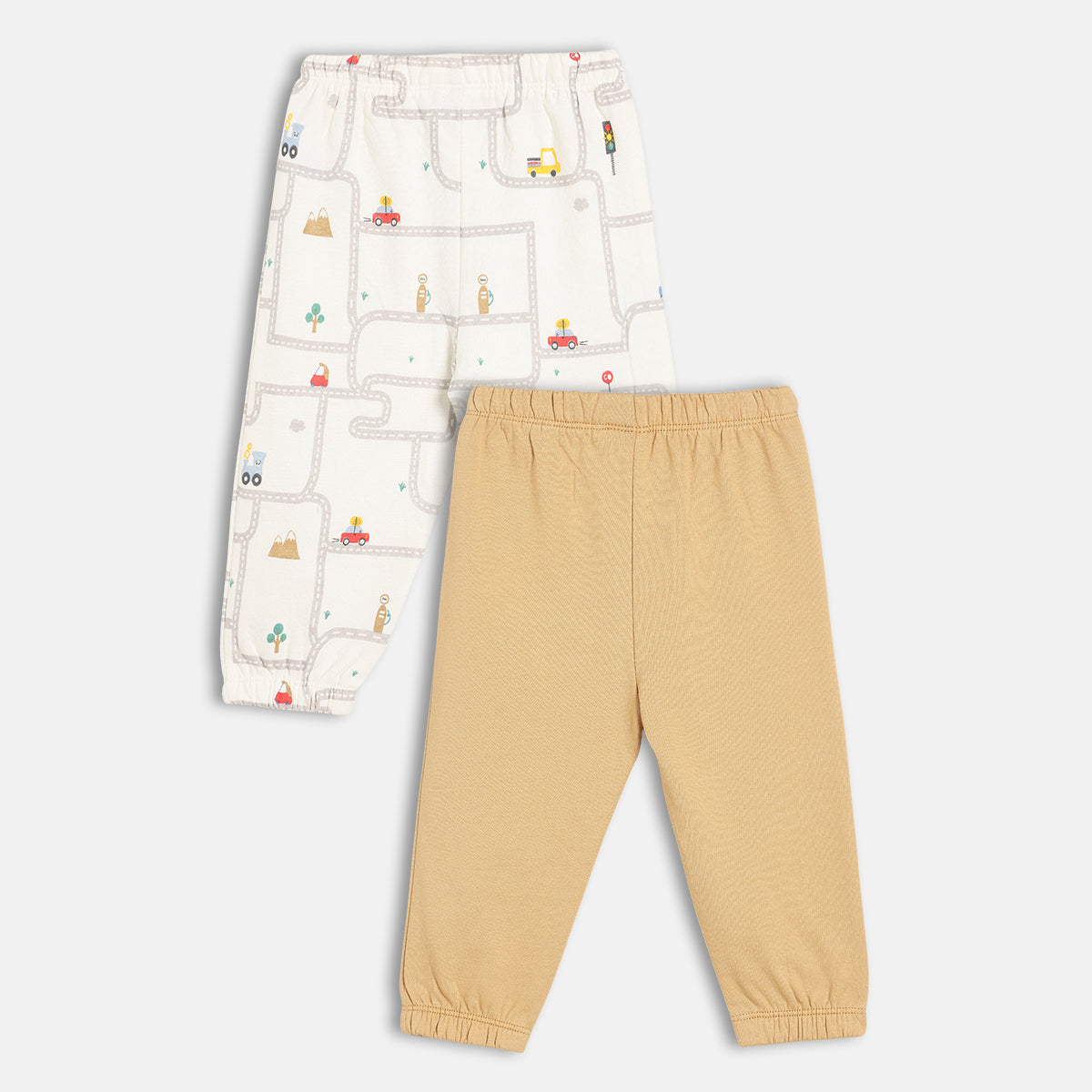 Boys Cotton Pack Of 2 Car Printed & Solid Knit Bottoms - White & Brown