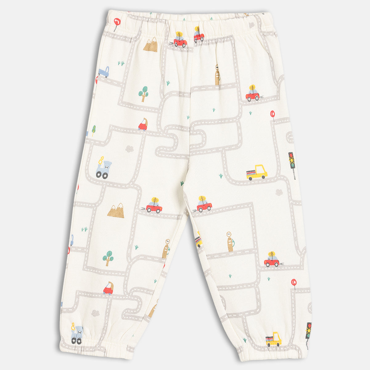 Boys Cotton Pack Of 2 Car Printed & Solid Knit Bottoms - White & Brown