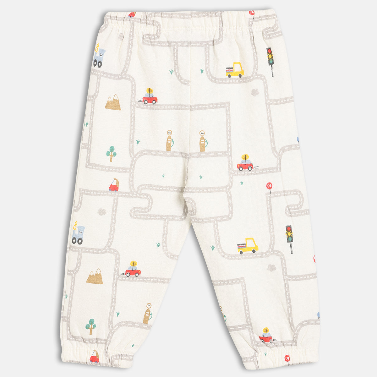 Boys Cotton Pack Of 2 Car Printed & Solid Knit Bottoms - White & Brown