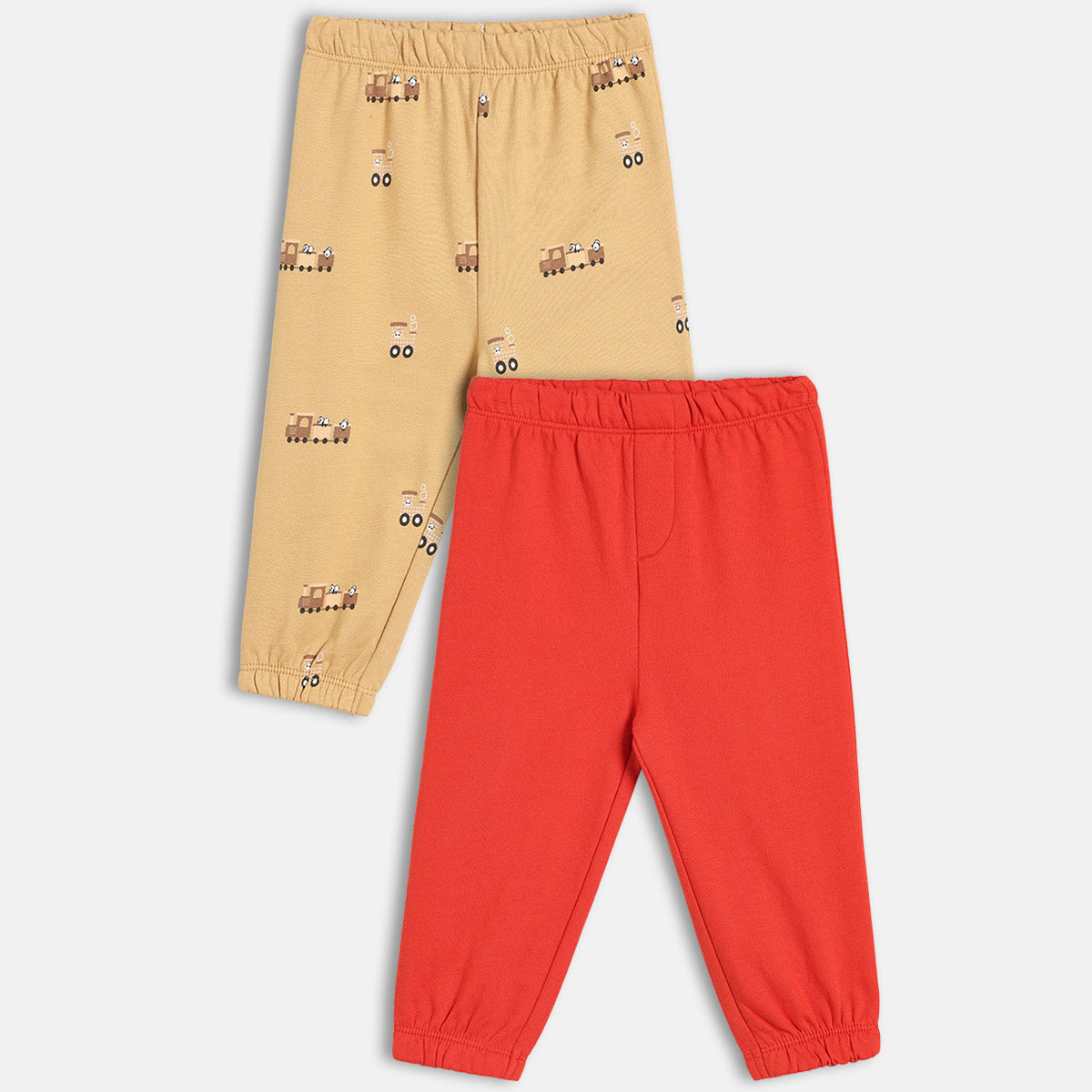Boys Cotton Pack Of 2 Car Printed & Solid Knit Bottoms - Red & Beige
