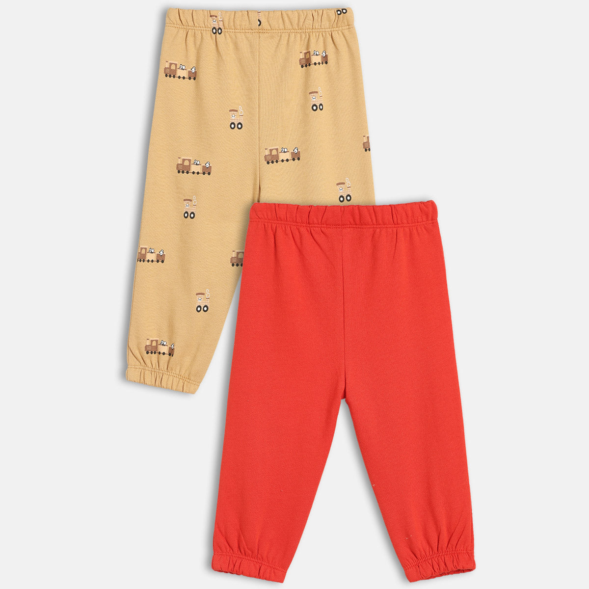 Boys Cotton Pack Of 2 Car Printed & Solid Knit Bottoms - Red & Beige