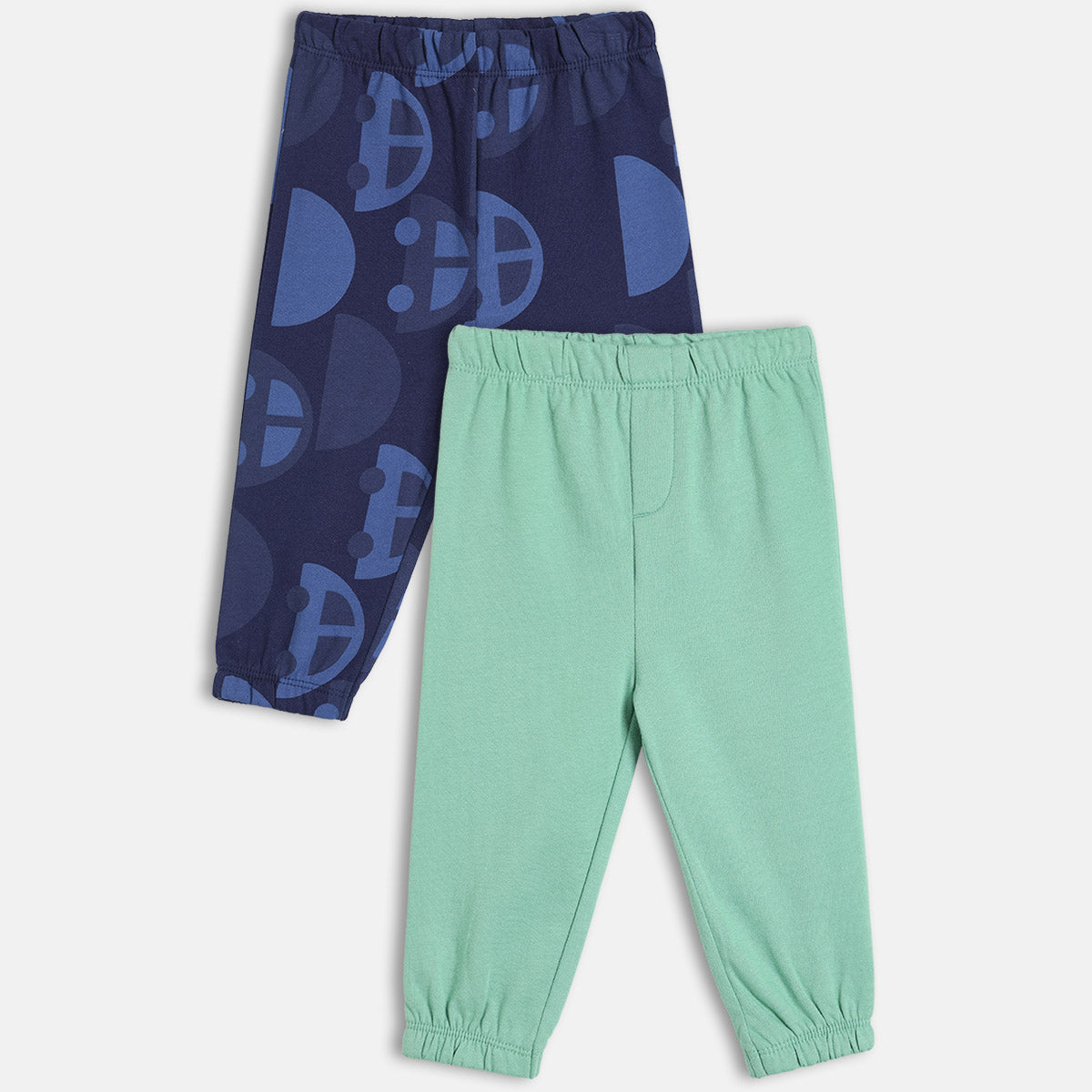 Boys Cotton Pack Of 2 Car Printed & Solid Knit Bottoms - Navy Blue & Mint Green