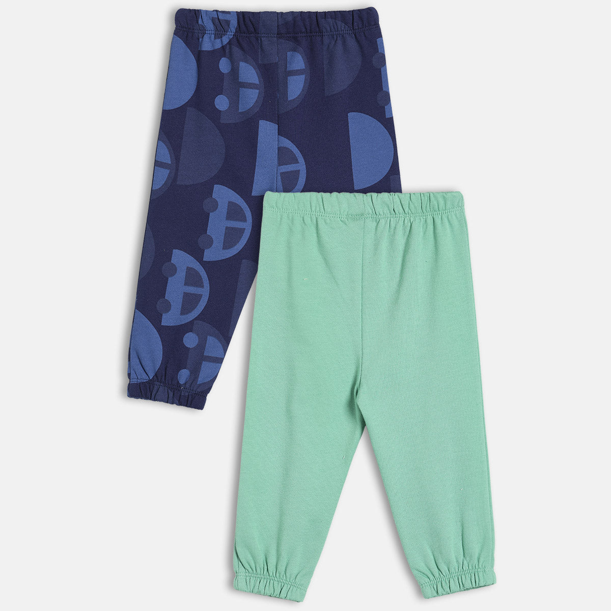 Boys Cotton Pack Of 2 Car Printed & Solid Knit Bottoms - Navy Blue & Mint Green