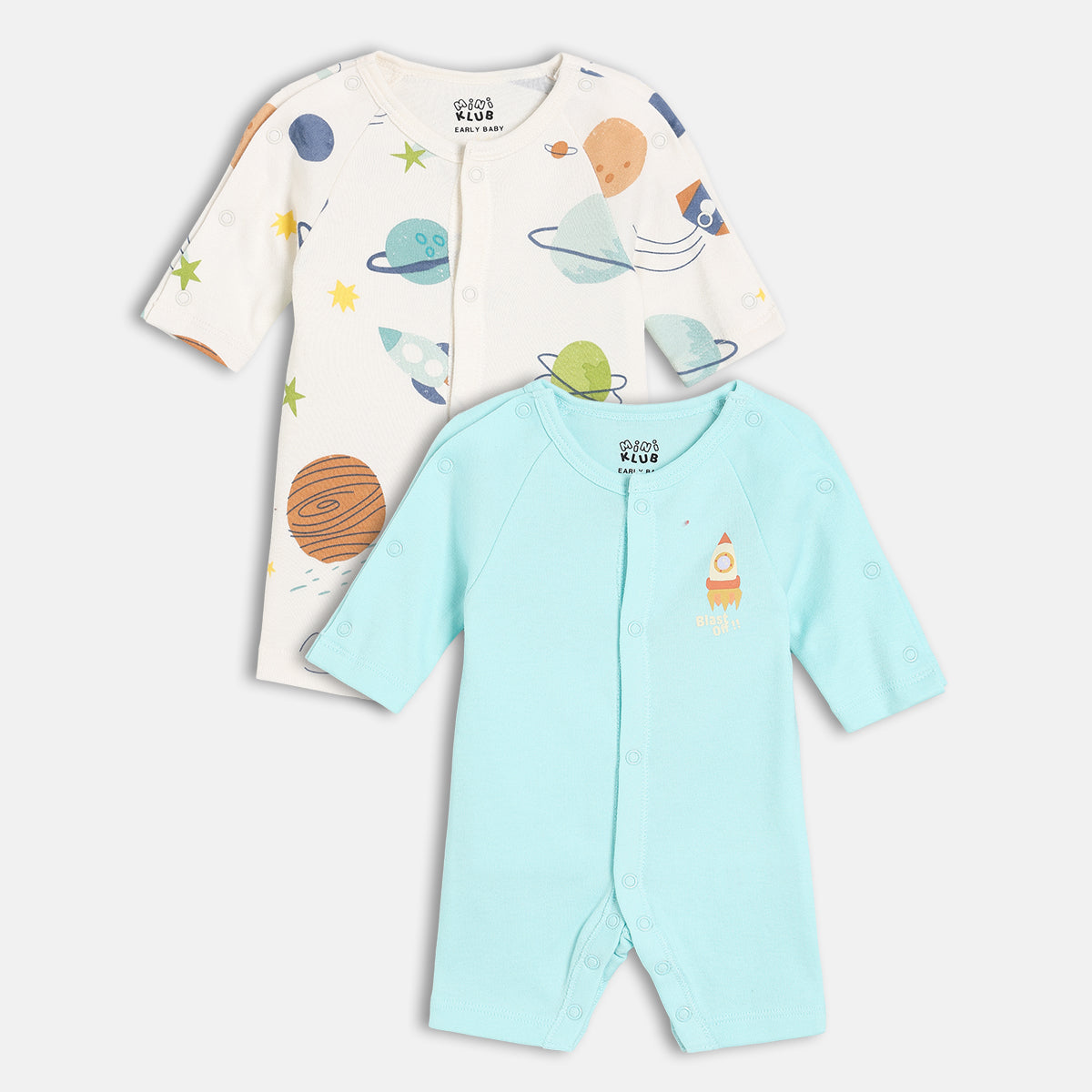 Boys Cotton Pack Of 2 Full Sleeves Planets Printed Rompers - White & Blue