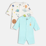 Boys Cotton Pack Of 2 Full Sleeves Planets Printed Rompers - White & Blue