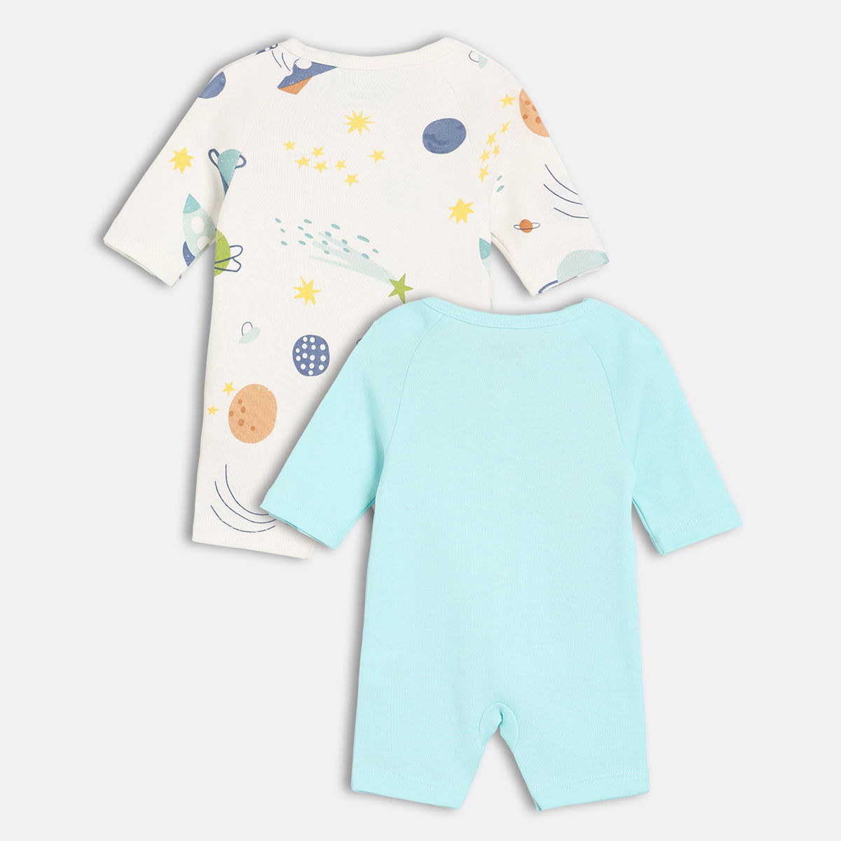 Boys Cotton Pack Of 2 Full Sleeves Planets Printed Rompers - White & Blue