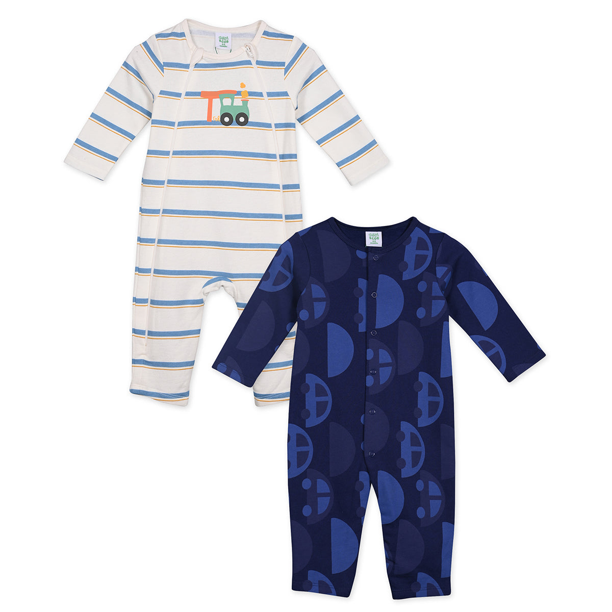 Boys Cotton Pack Of 2 Full Sleeves Car Printed Rompers - White & Blue