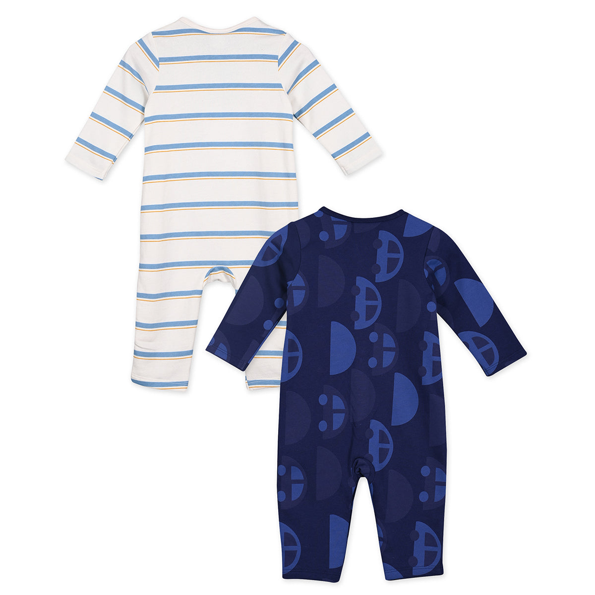 Boys Cotton Pack Of 2 Full Sleeves Car Printed Rompers - White & Navy Blue