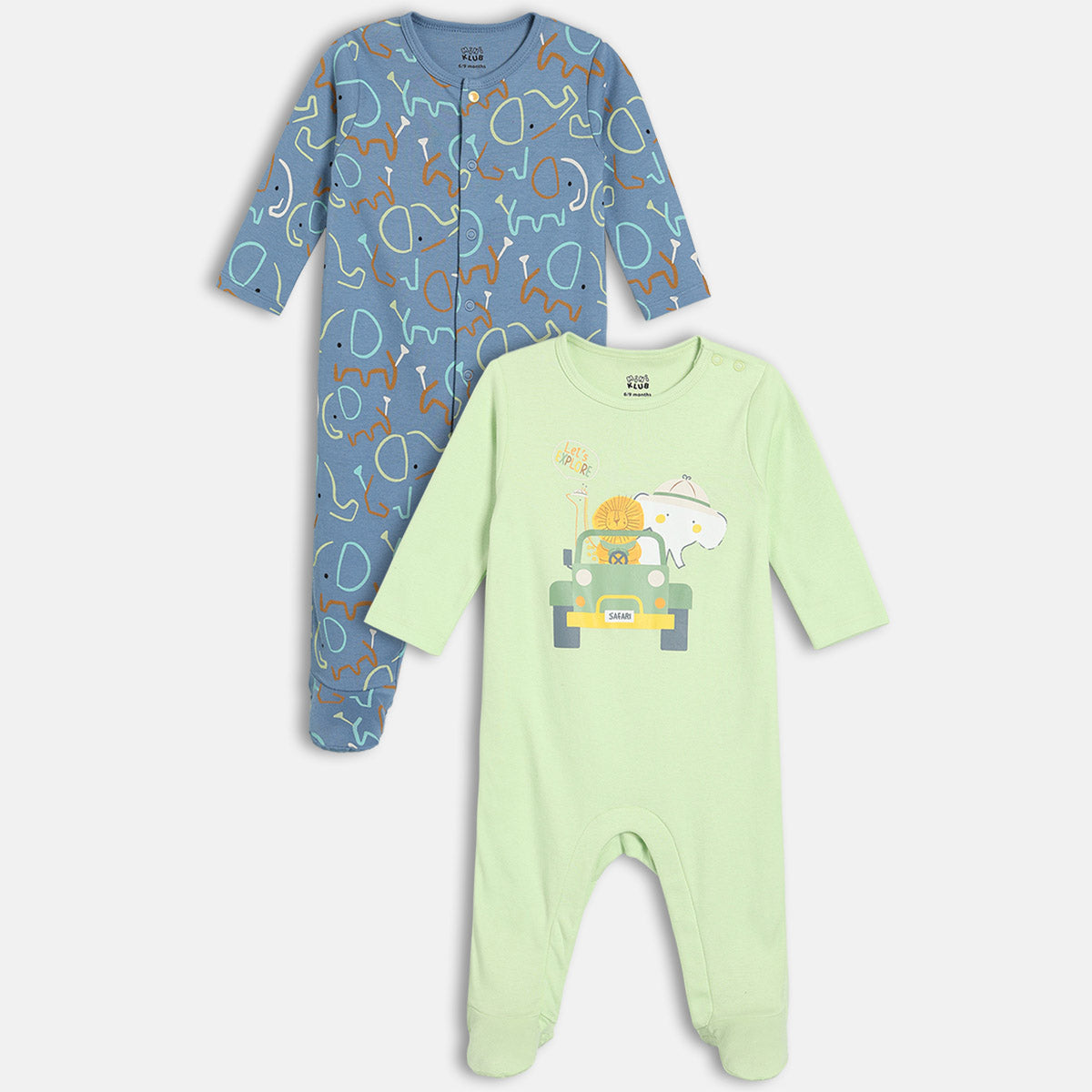 Boys Cotton Pack Of 2 Full Sleeves Animal Printed Sleepsuits- Blue & Green