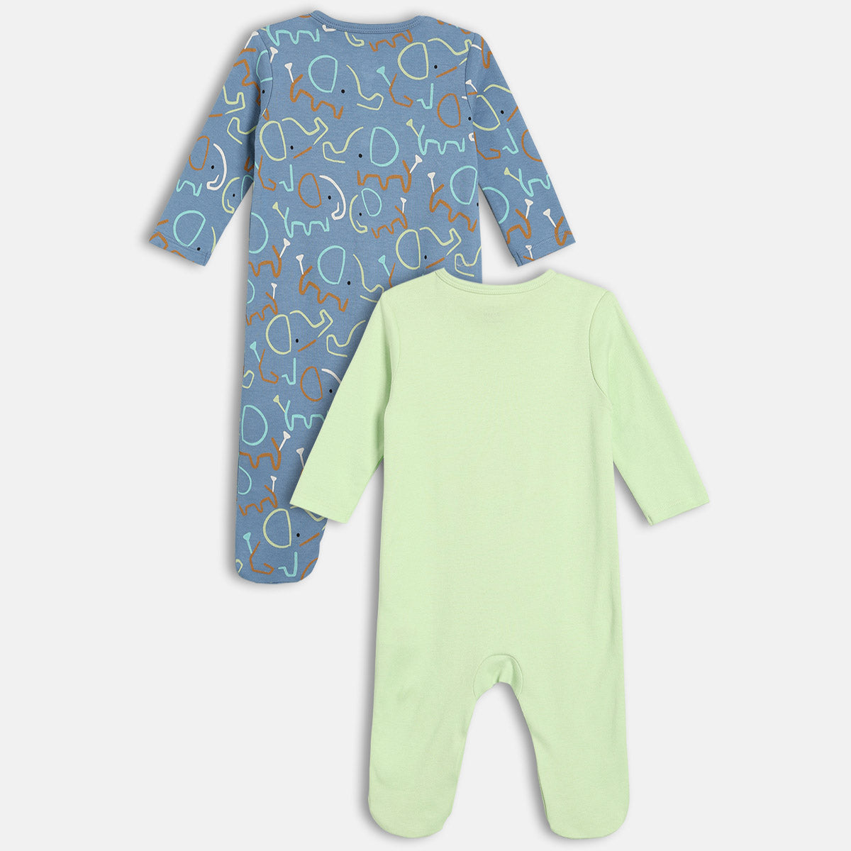 Boys Cotton Pack Of 2 Full Sleeves Animal Printed Sleepsuits- Blue & Green