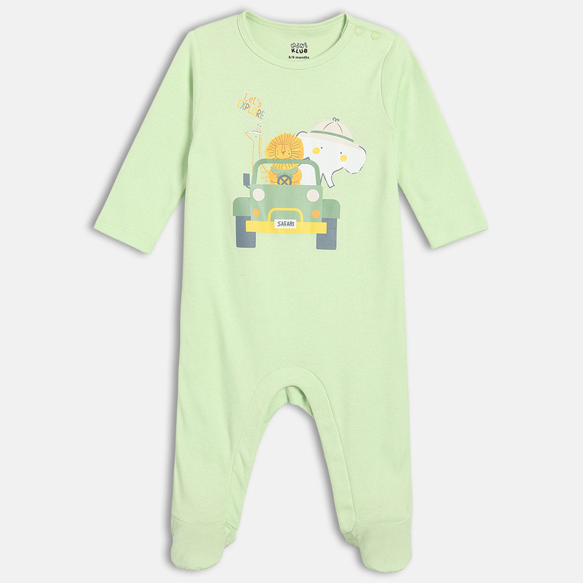 Boys Cotton Pack Of 2 Full Sleeves Animal Printed Sleepsuits- Blue & Green