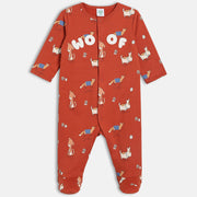 Boys Cotton Full Sleeves Animal Printed Sleepsuit- Rust Orange