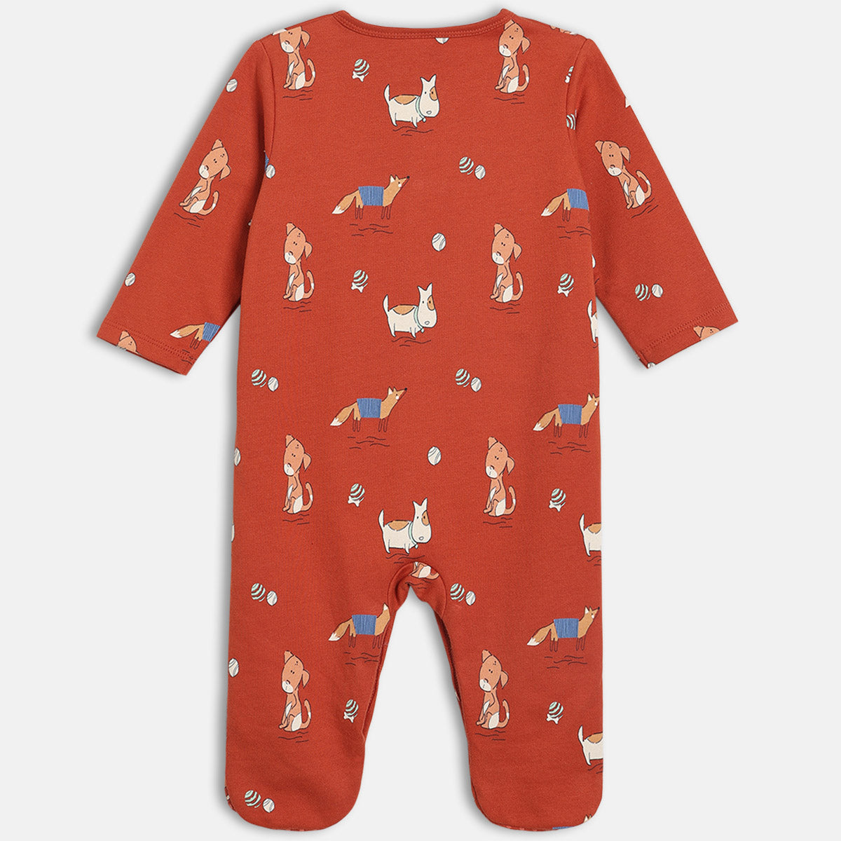 Boys Cotton Full Sleeves Animal Printed Sleepsuit- Rust Orange