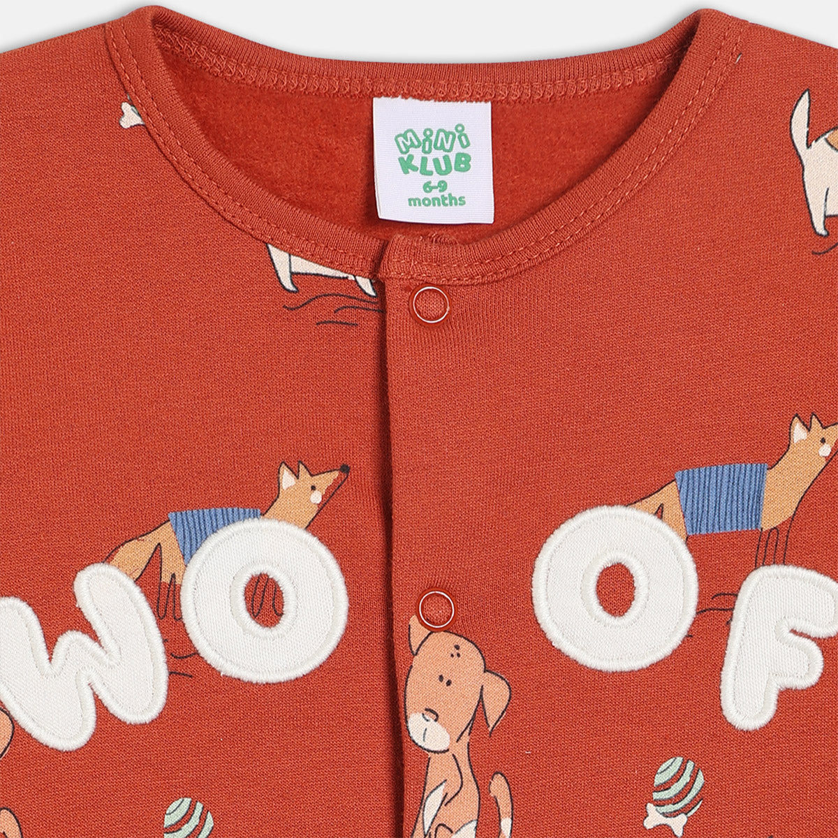 Boys Cotton Full Sleeves Animal Printed Sleepsuit- Rust Orange