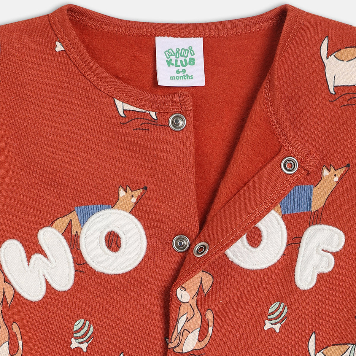 Boys Cotton Full Sleeves Animal Printed Sleepsuit- Rust Orange