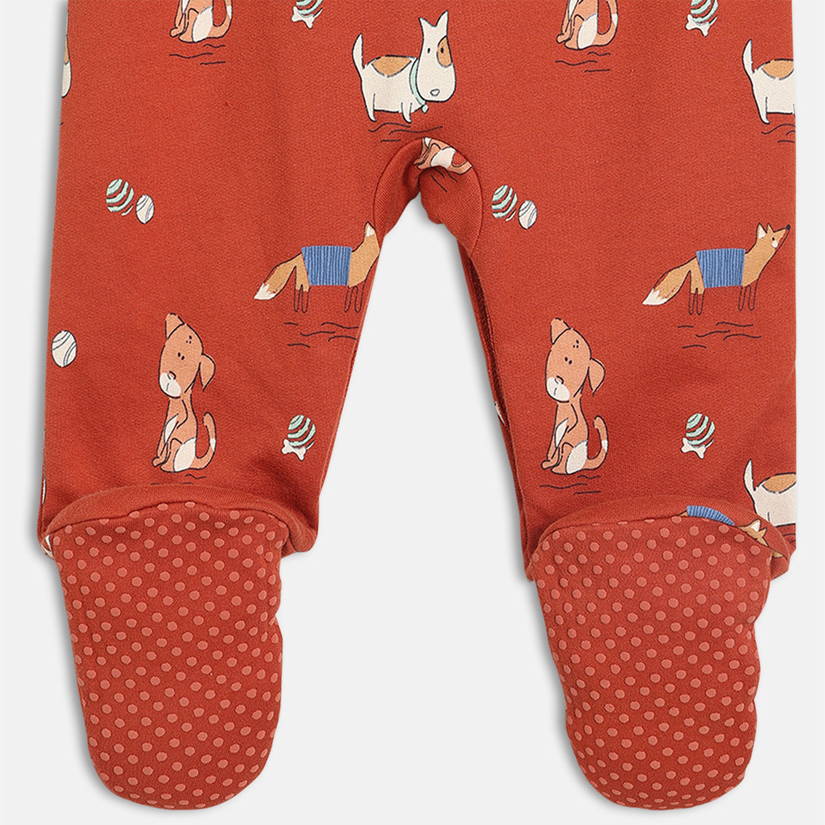 Boys Cotton Full Sleeves Animal Printed Sleepsuit- Rust Orange