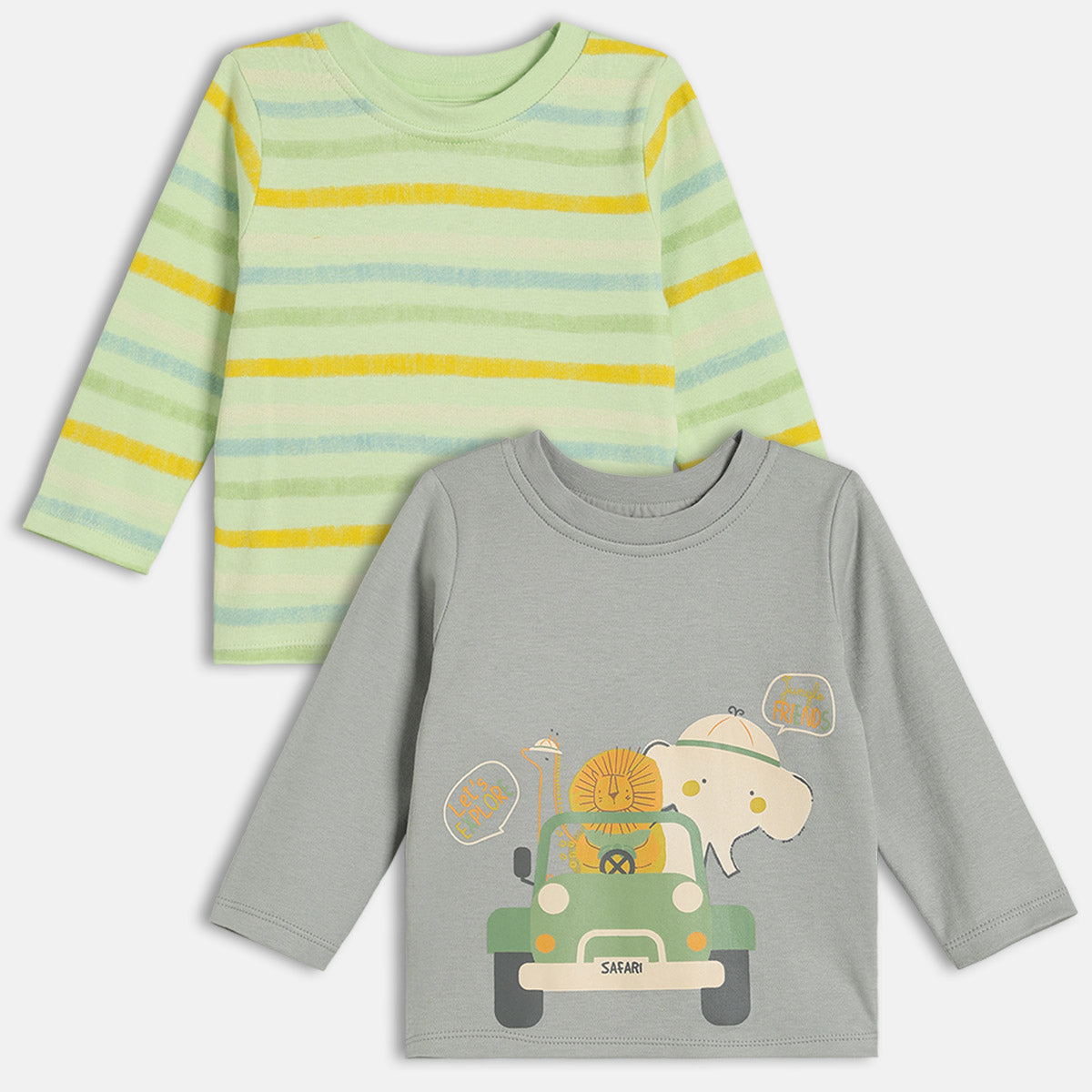 Boys Cotton Pack Of 2 Full Sleeves Animal Printed & Striped T-Shirts - Grey & Green