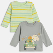 Boys Cotton Pack Of 2 Full Sleeves Animal Printed & Striped T-Shirts - Grey & Green
