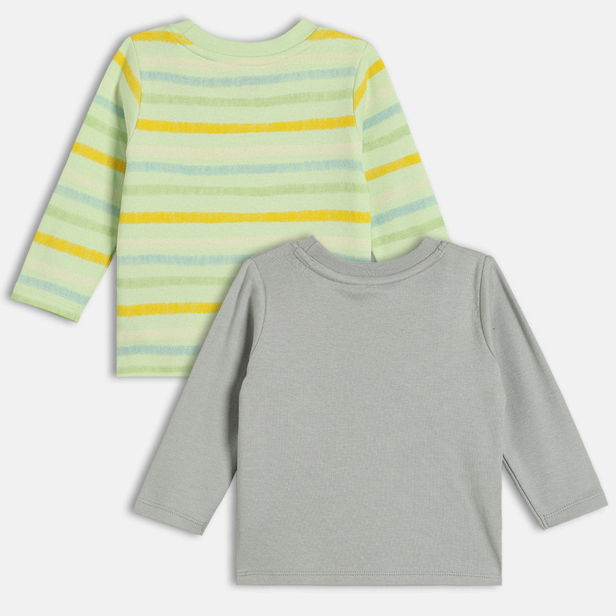 Boys Cotton Pack Of 2 Full Sleeves Animal Printed & Striped T-Shirts - Grey & Green