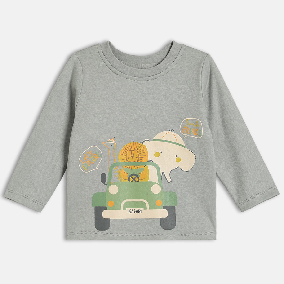 Boys Cotton Pack Of 2 Full Sleeves Animal Printed & Striped T-Shirts - Grey & Green