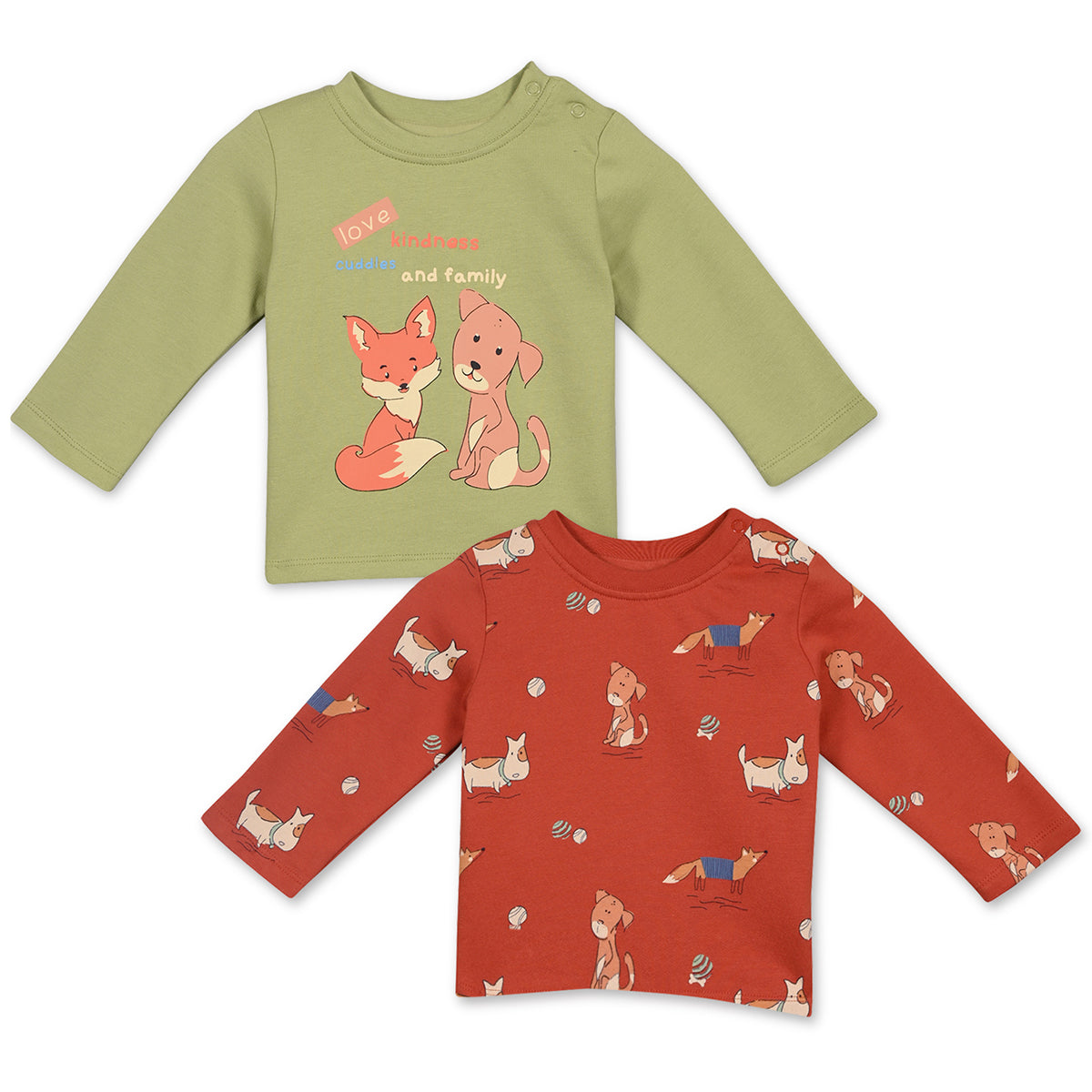 Boys Cotton Pack Of 2 Full Sleeves Animal Printed T-shirts - Rust & Olive