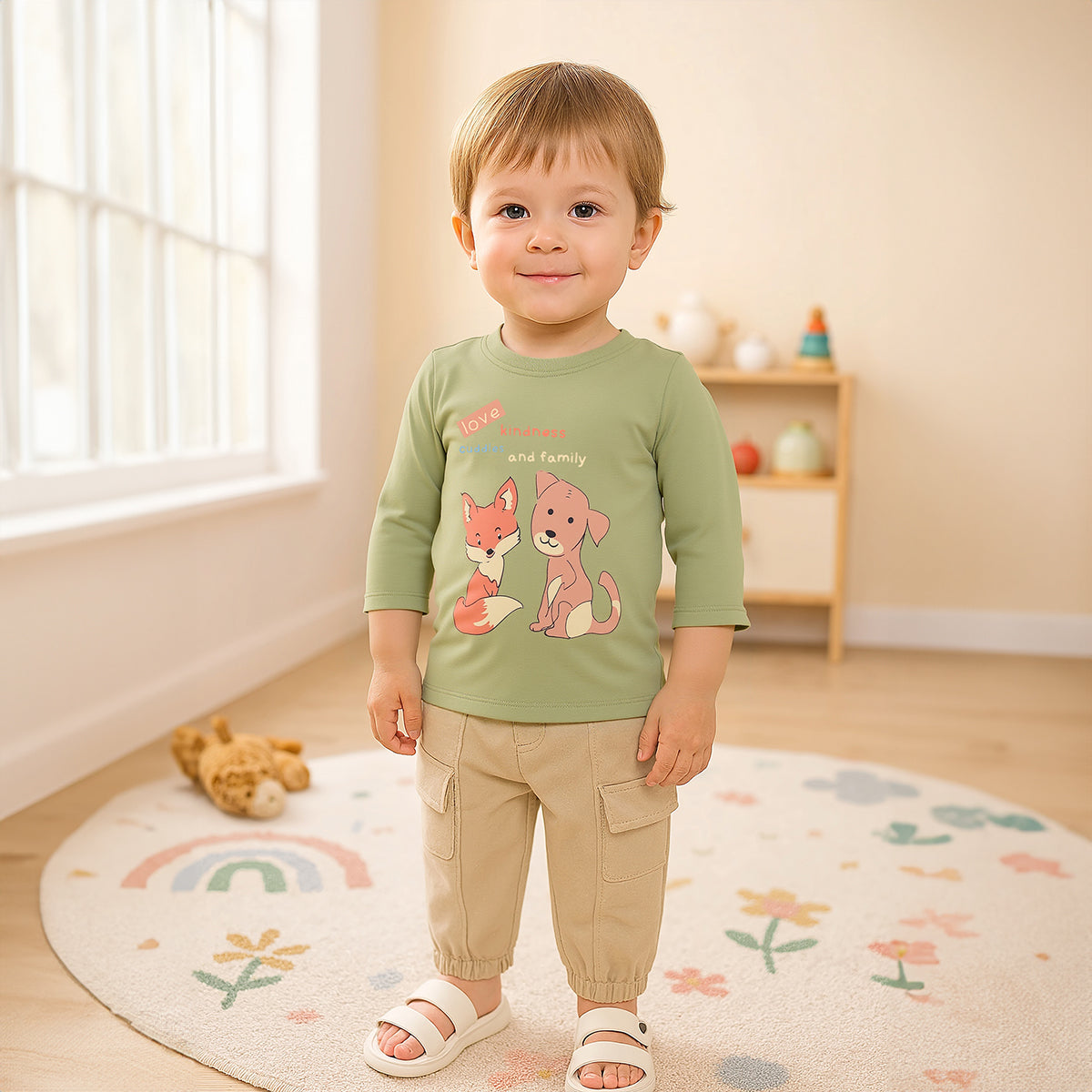 Boys Cotton Pack Of 2 Full Sleeves Animal Printed T-shirts - Rust & Olive