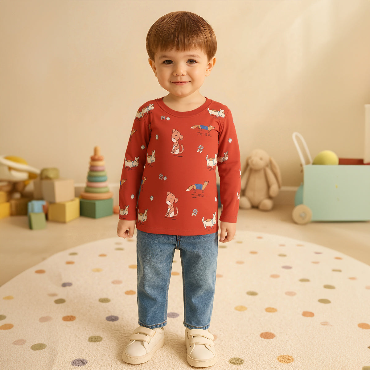 Boys Cotton Pack Of 2 Full Sleeves Animal Printed T-shirts - Rust & Olive