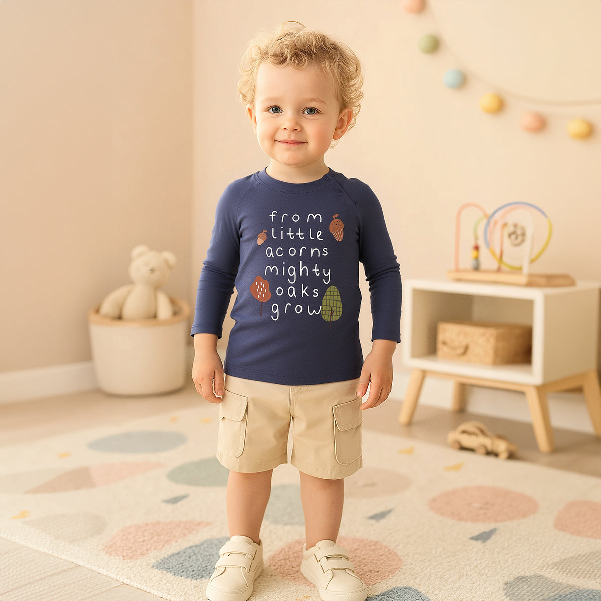 Boys Cotton Pack Of 2 Full Sleeves Text Printed & Striped T-shirts - Navy Blue & Mustard