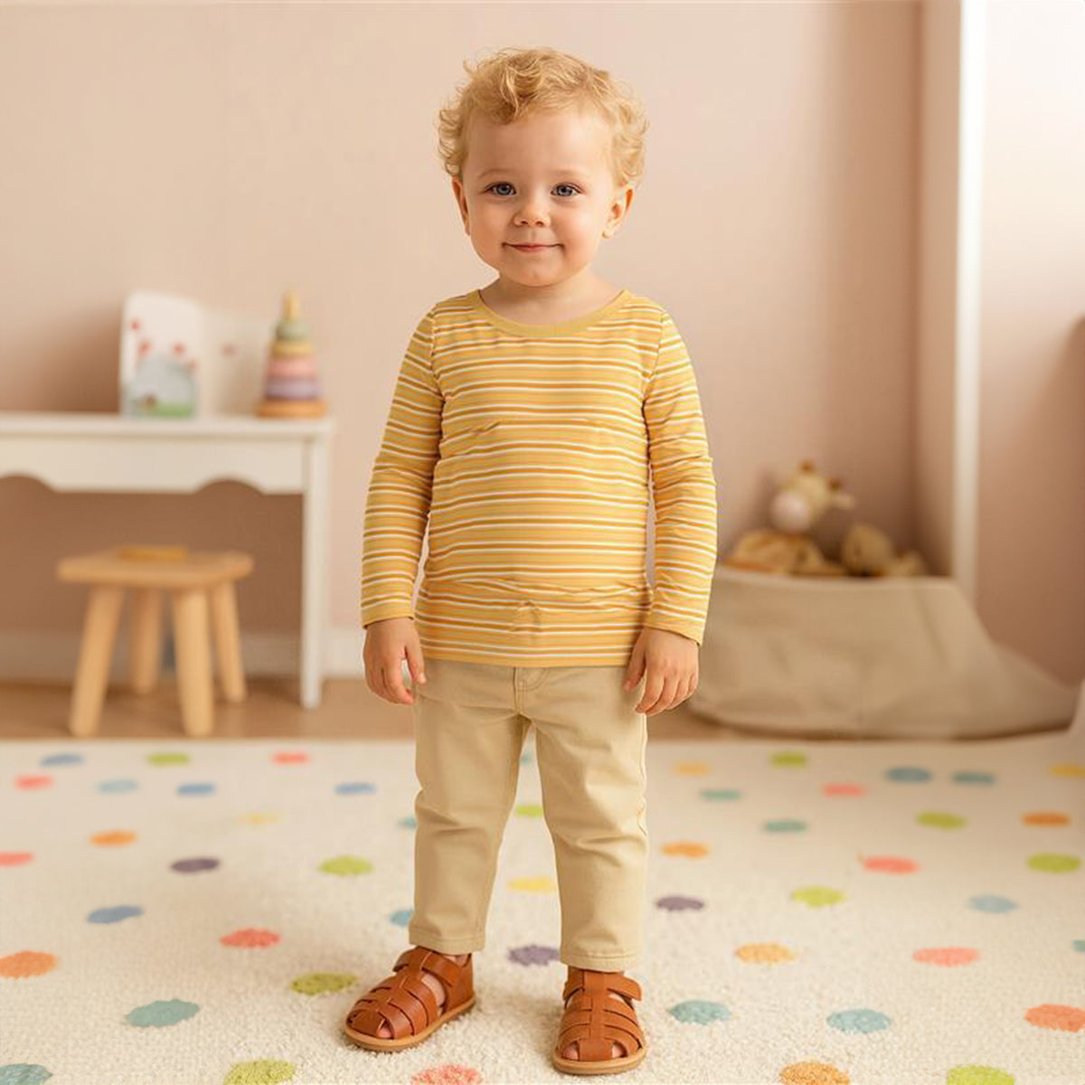 Boys Cotton Pack Of 2 Full Sleeves Text Printed & Striped T-shirts - Navy Blue & Mustard