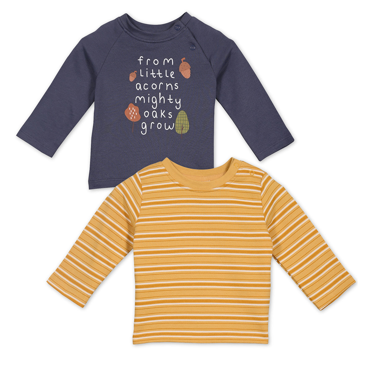 Boys Cotton Pack Of 2 Full Sleeves Text Printed & Striped T-shirts - Navy Blue & Mustard