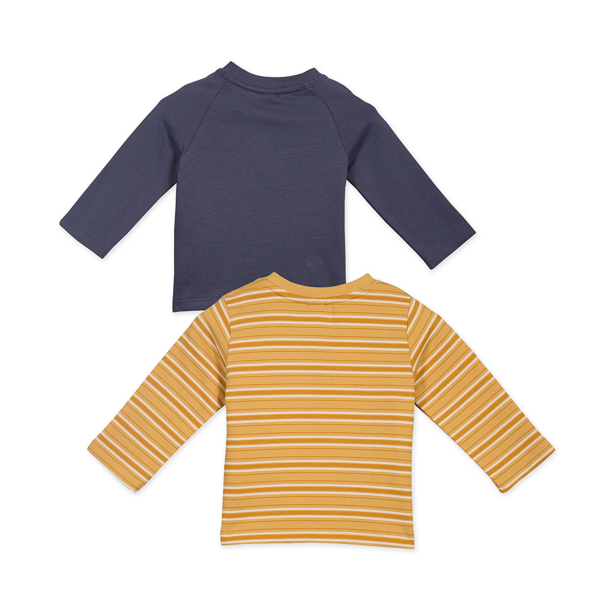 Boys Cotton Pack Of 2 Full Sleeves Text Printed & Striped T-shirts - Navy Blue & Mustard