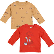 Boys Cotton Pack Of 2 Full Sleeves Train Printed Tees - Brown & Red
