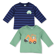 Boys Cotton Pack Of 2 Full Sleeves Car Printed Tees - Mint Green & Navy Blue