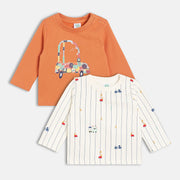 Boys Cotton Pack Of 2 Full Sleeves Car Printed Tees - White & Orange