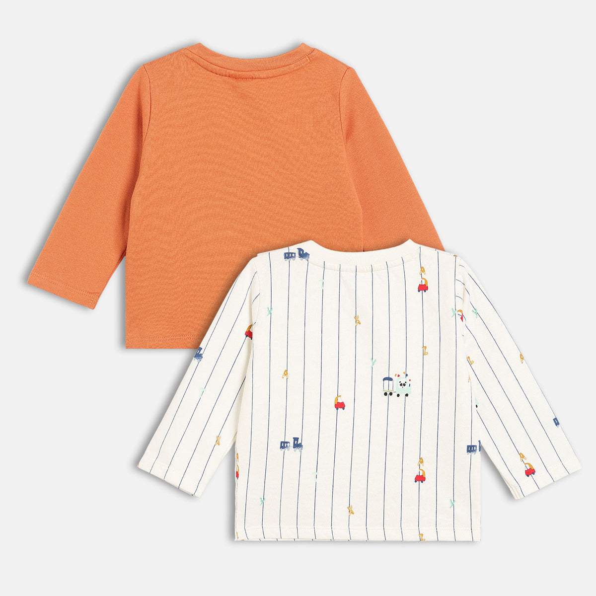 Boys Cotton Pack Of 2 Full Sleeves Car Printed Tees - White & Orange