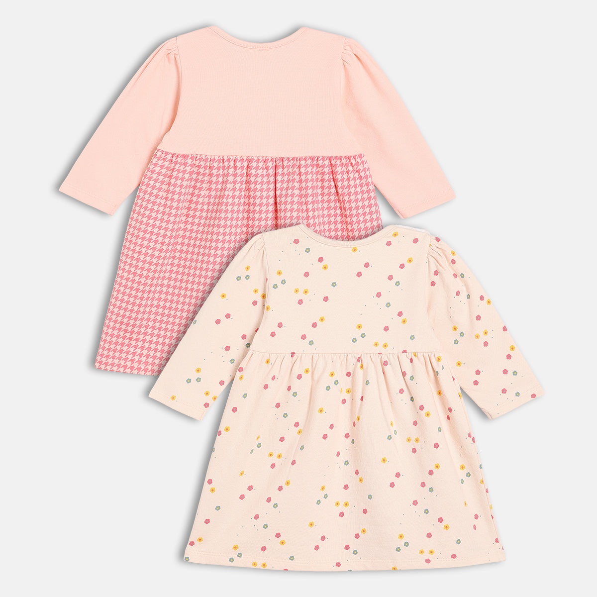Girls Cotton Pack Of 2 Full Sleeves Geometric & Floral Printed Dress - Pink