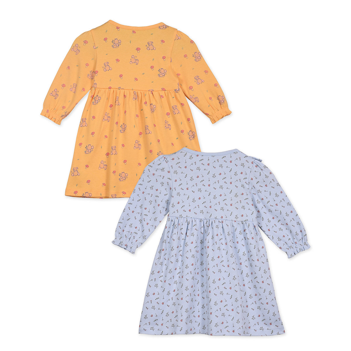 Girls Cotton Pack Of 2 Full Sleeves Animal & Floral Printed Dress - Mustard & Blue