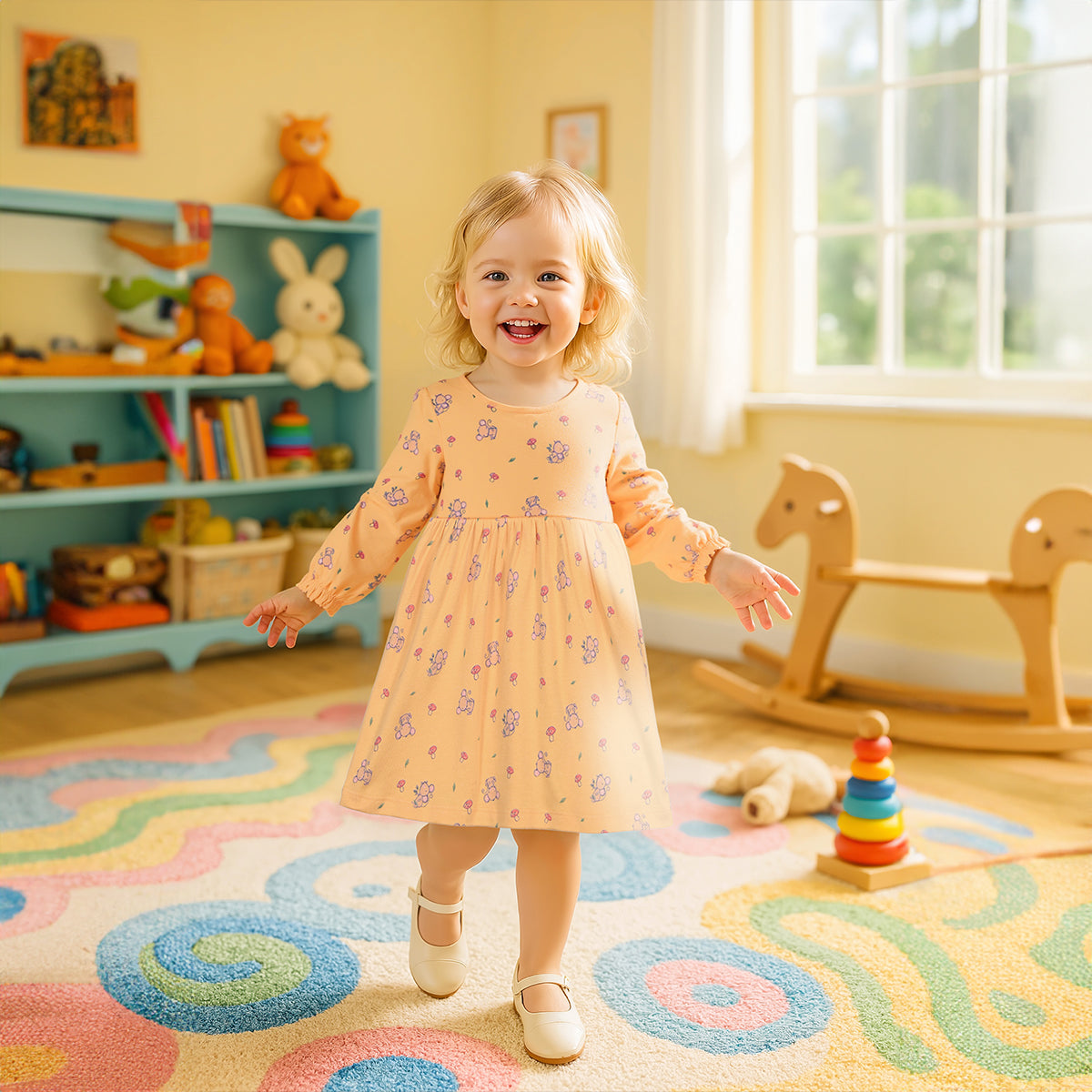 Girls Cotton Pack Of 2 Full Sleeves Animal & Floral Printed Dress - Mustard & Blue