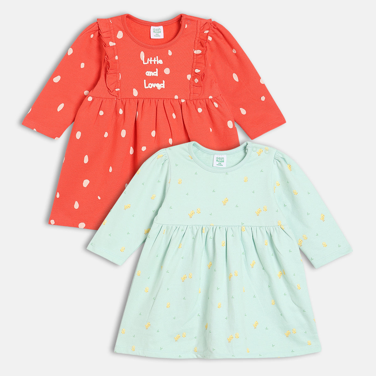 Girls Cotton Pack Of 2 Full Sleeves Text & Birds Printed Dress - Red & Mint Green