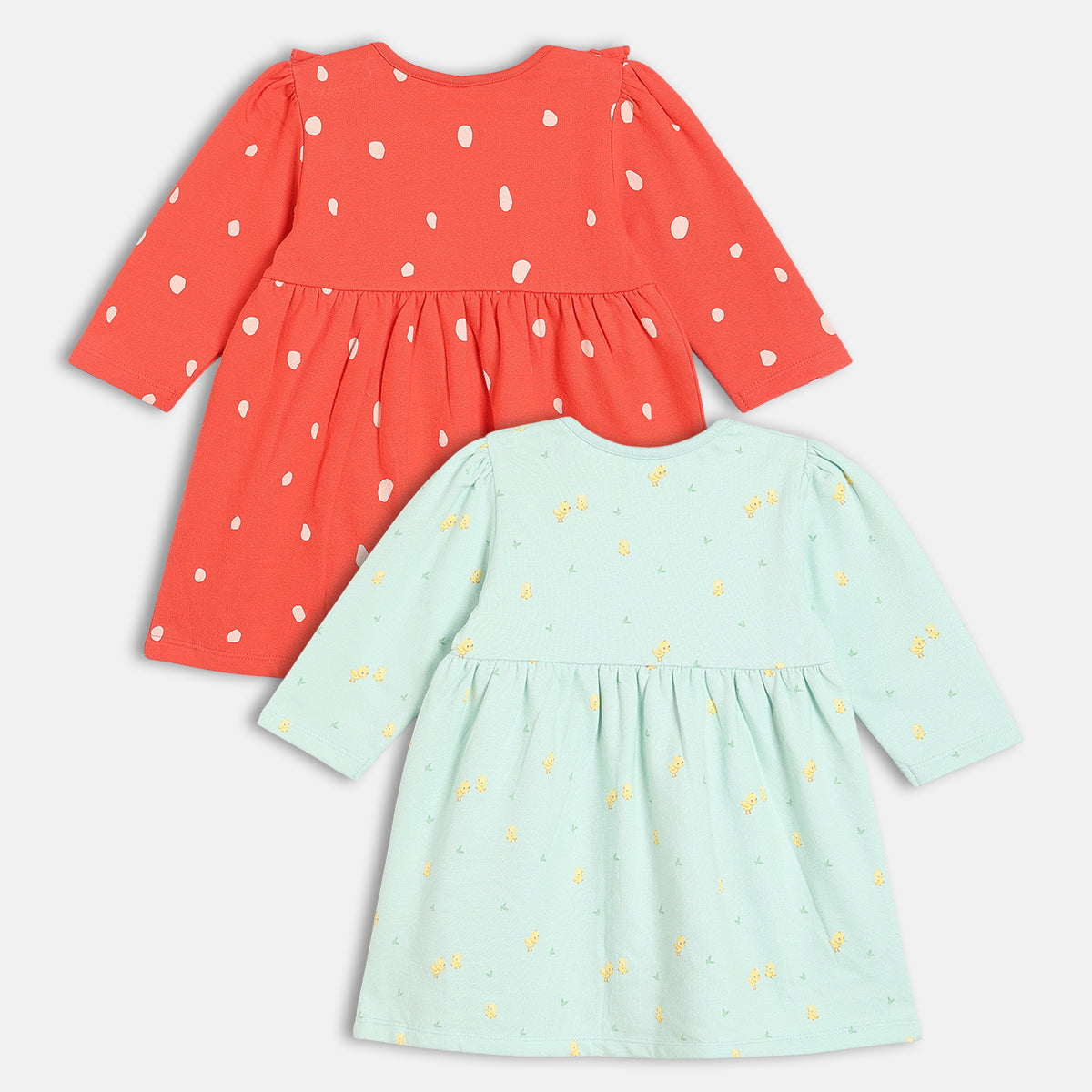 Girls Cotton Pack Of 2 Full Sleeves Text & Birds Printed Dress - Red & Mint Green